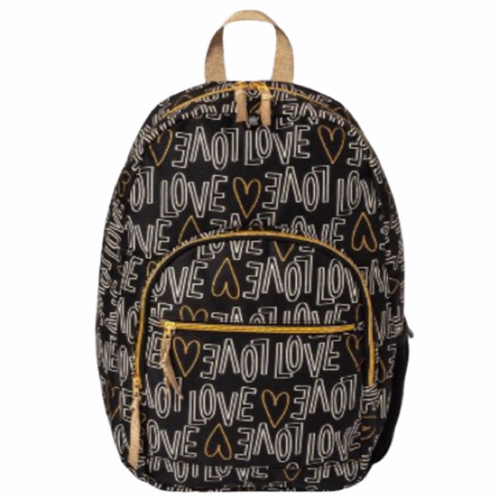 Cat & Jack Black/Gold/White 17” Love Print Kids’ Backpack